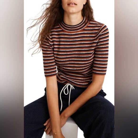 MADEWELL Dalston Stripe Mock Neck Sweater In Maple Glow sz Xs - Picture 1 of 7